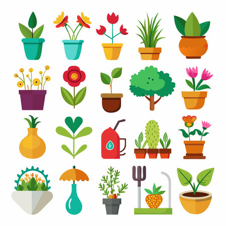 Collection of cartoon potted plants and gardening toolsのイラスト素材