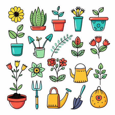 Colorful Hand-Drawn Gardening Vector Illustration for Spring Timeのイラスト素材