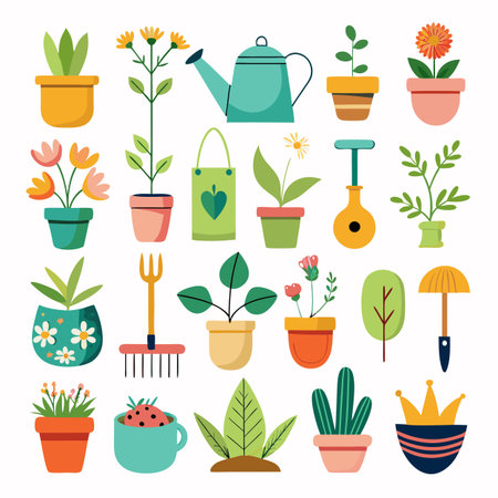 Collection of potted plants and gardening tools vector illustrationのイラスト素材