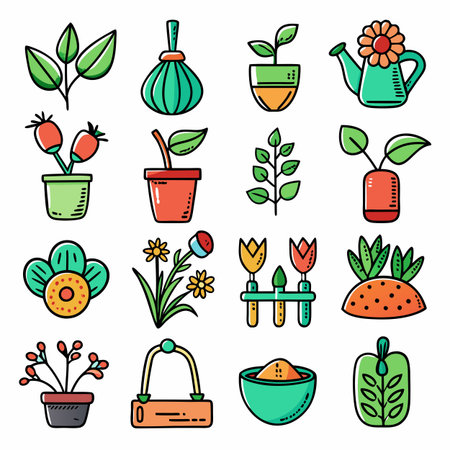 Collection of Gardening and Plant Related Icons in Flat Styleのイラスト素材