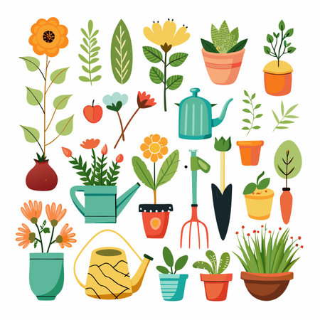 Botanical collection of garden plants and tools vector illustrationのイラスト素材