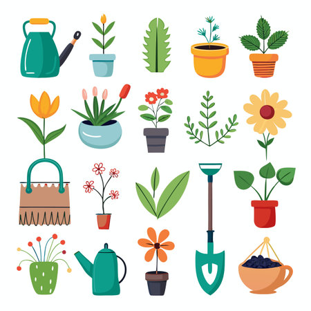 Collection of vector gardening elements and houseplants in potsのイラスト素材