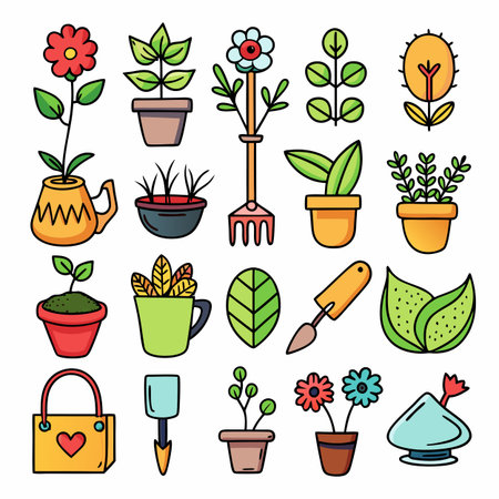 Colorful Gardening Icons: Vector Assortment of Plants and Toolsのイラスト素材