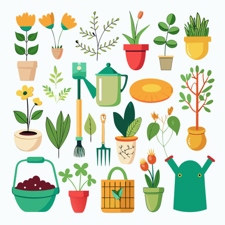 Cute gardening equipment and potted plants flat vector illustrationのイラスト素材