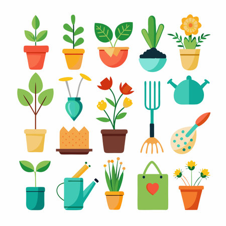 Collection of flat design gardening elements and potted plantsのイラスト素材