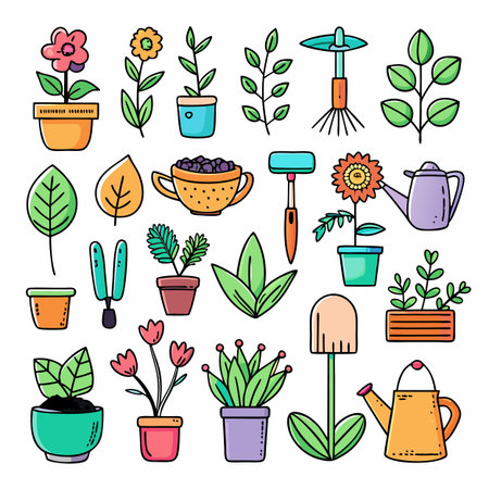 Cartoon style gardening equipment and potted plants arrangementのイラスト素材