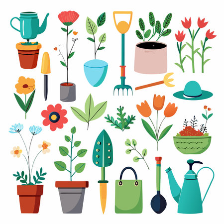 Colorful Gardening Tools and Plants Flat Lay Illustrationのイラスト素材