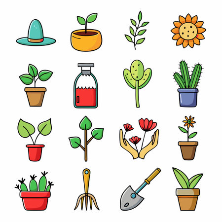 Assorted gardening tools and plants in pots icons collectionのイラスト素材