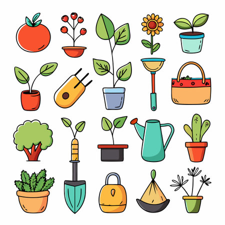 Cute gardening tools and plants arranged on white backgroundのイラスト素材