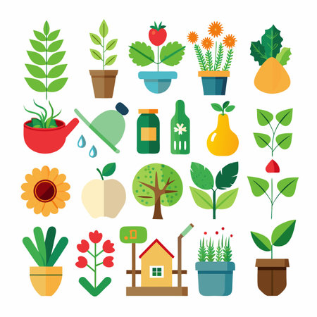 Assorted Flat Design Gardening Elements Vector Illustration Collectionのイラスト素材