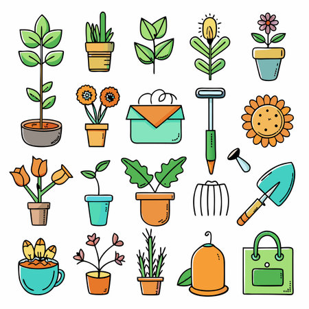 Collection of diverse plants and gardening tools illustrationのイラスト素材