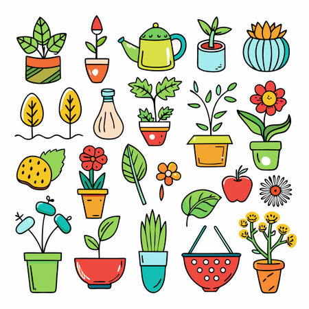 Cartoon style plants, flowers, and gardening equipment illustrationのイラスト素材