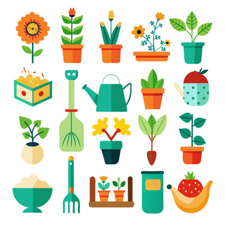 Colorful geometric gardening tools and plants in flat designのイラスト素材