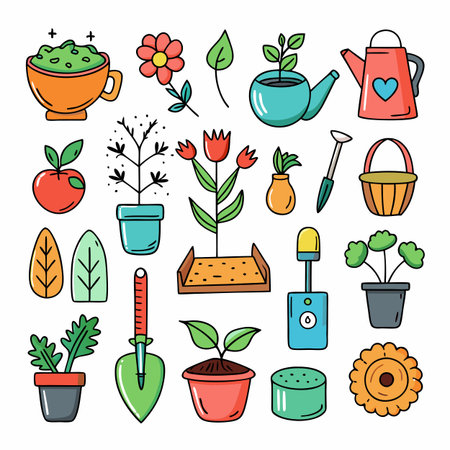 Various gardening icons and elements in cartoon styleのイラスト素材