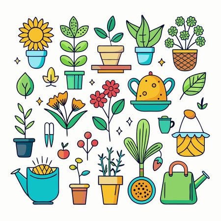 Vibrant assortment of potted plants and gardening tools illustrationのイラスト素材