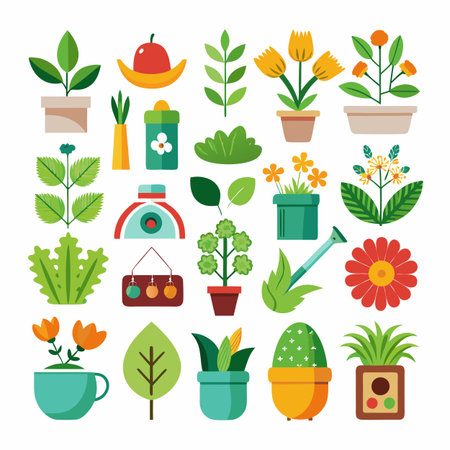 Collection of flat vector botanical icons representing garden plantsのイラスト素材
