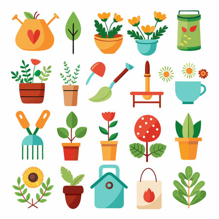 Cartoon Gardening Tools and Plants Set Isolated on Whiteのイラスト素材