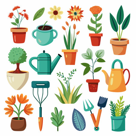 Illustrated garden tools and plants in pots arrangementのイラスト素材