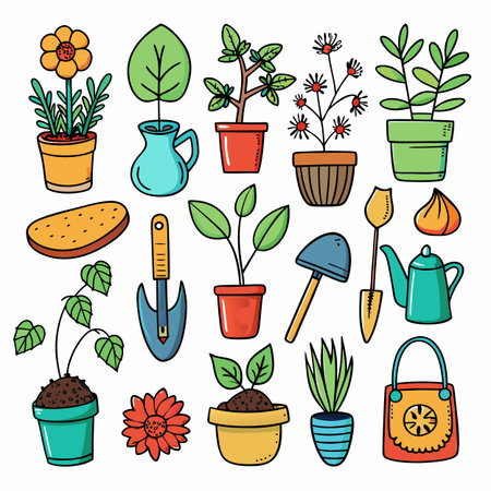 Collection of charming hand-drawn garden plants and toolsのイラスト素材