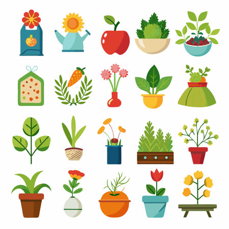 Collection of potted plants, fruits and gardening tools vector setのイラスト素材