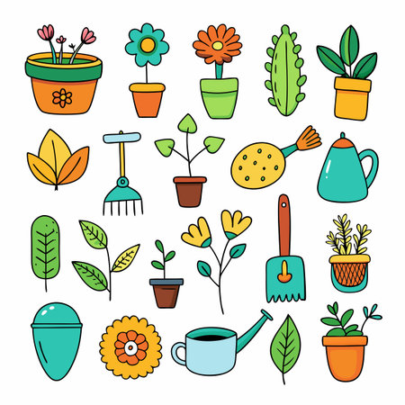 Colorful garden tools and potted plants on white backgroundのイラスト素材