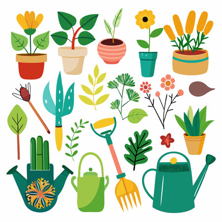 Flat vector illustration of gardening tools and potted plantsのイラスト素材