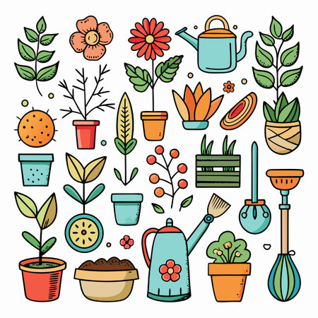Cheerful garden icons pattern featuring flowers and gardening suppliesのイラスト素材