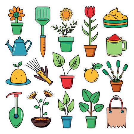 Cartoon garden tools and potted plants isolated on whiteのイラスト素材