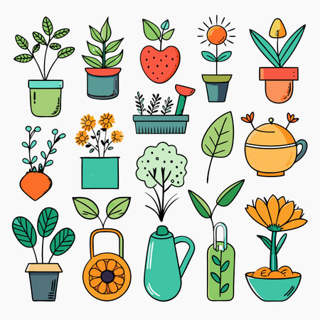 Hand-drawn plants and gardening tools illustration on white backgroundのイラスト素材
