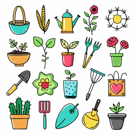 Doodle gardening tools and plants icons for spring themeのイラスト素材