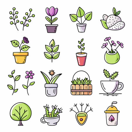 Variety of vibrant potted plants and floral arrangements iconsのイラスト素材