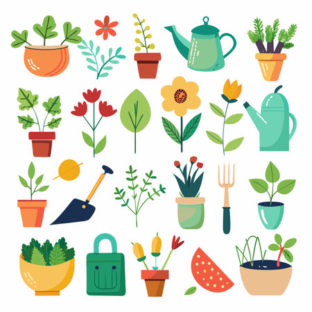 Flat illustration of gardening tools and potted plants assortmentのイラスト素材