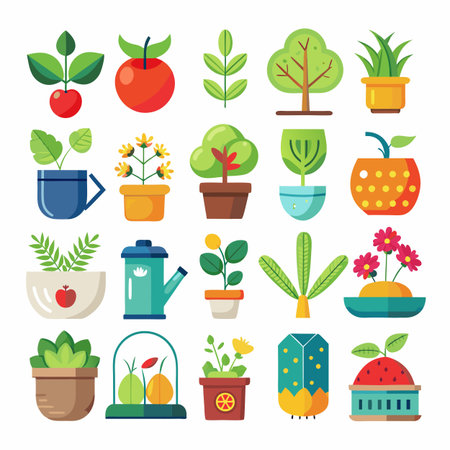 Collection of stylized plants and fruits in pots, flat designのイラスト素材