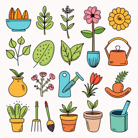 Colorful garden and planting doodle vector image collectionのイラスト素材