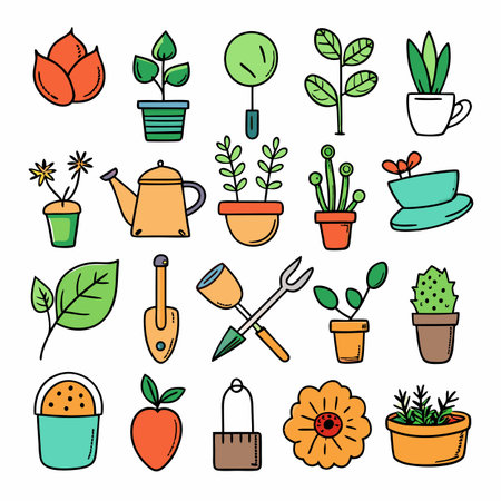 Hand-drawn gardening icons featuring plants, tools, and garden accessoriesのイラスト素材