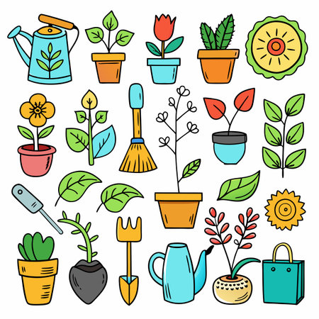 Hand-drawn garden plants and tools for colorful spring designのイラスト素材