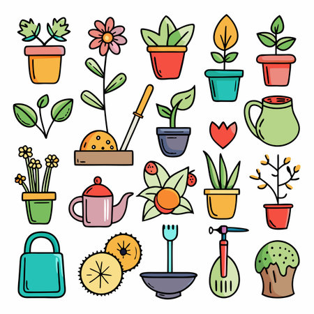 Collection of playful gardening icon illustrations on white backgroundのイラスト素材