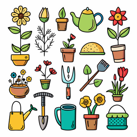 Cartoon illustration of spring gardening tools and flowersのイラスト素材