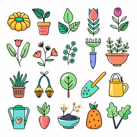 Doodle gardening elements collection on white background, set iconsのイラスト素材