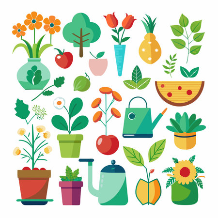 Colorful flat design illustration with garden elements and fruitsのイラスト素材
