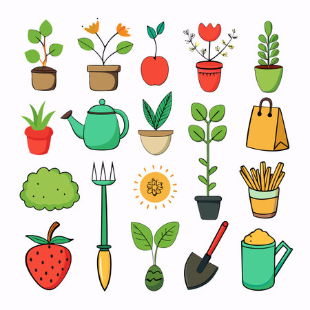 Vector Illustration of Gardening Tools and Potted Plantsのイラスト素材