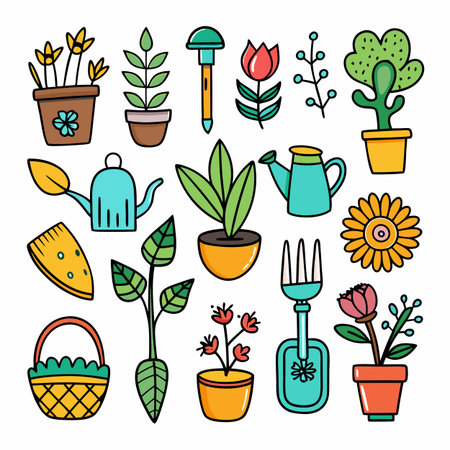 Cute garden tools and potted plants vector illustration setのイラスト素材