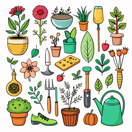 Collection of cartoon gardening elements on white backgroundのイラスト素材