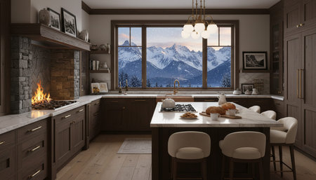 Luxury modern kitchen interior design with elegant furniture and natural lighting.