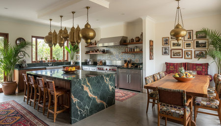 Luxury modern kitchen interior design with elegant furniture and natural lighting.