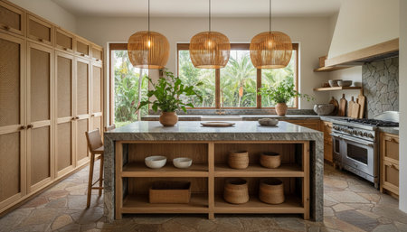 Luxury modern kitchen interior design with elegant furniture and natural lighting.