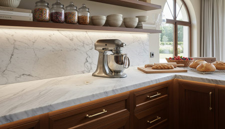 Luxury modern kitchen interior design with elegant furniture and natural lighting.