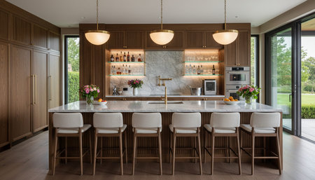 Luxury modern kitchen interior design with elegant furniture and natural lighting.