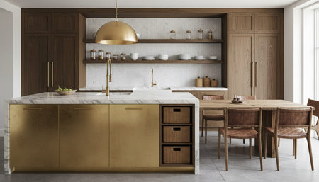 Luxury modern kitchen interior design with elegant furniture and natural lighting.