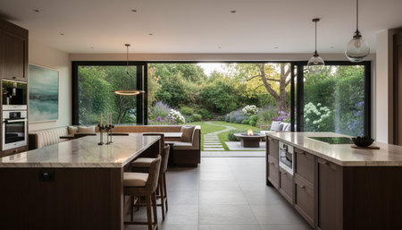 Luxury modern kitchen interior design with elegant furniture and natural lighting.